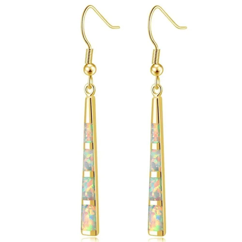 14K Yellow Gold with Genuine White Fire Opal Dangling Hook Tapered Bar Earrings